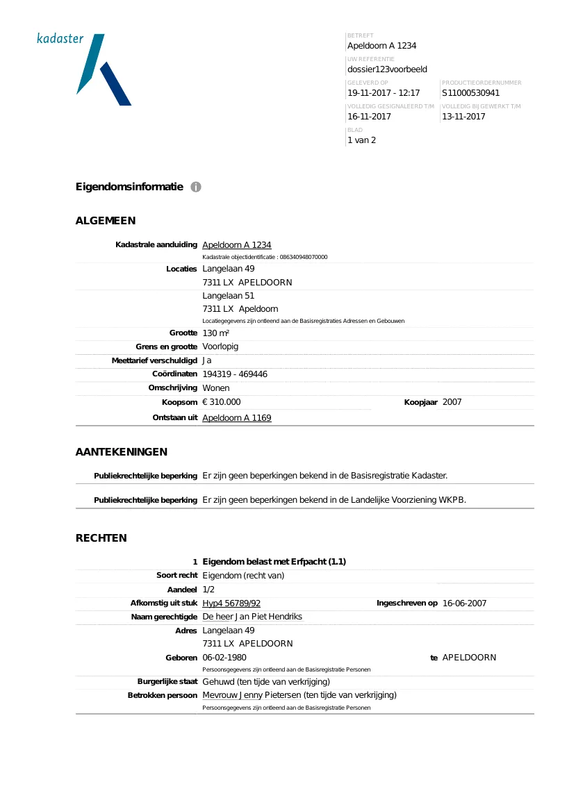 Voorbeeld offici\u00ebl Kadaster document